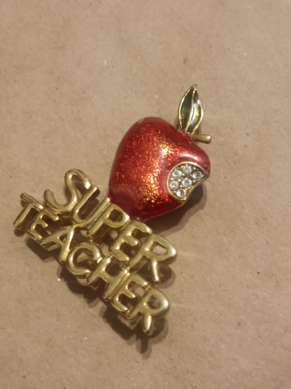Gold-Tone 'Super Teacher' Red Apple Pin Brooch